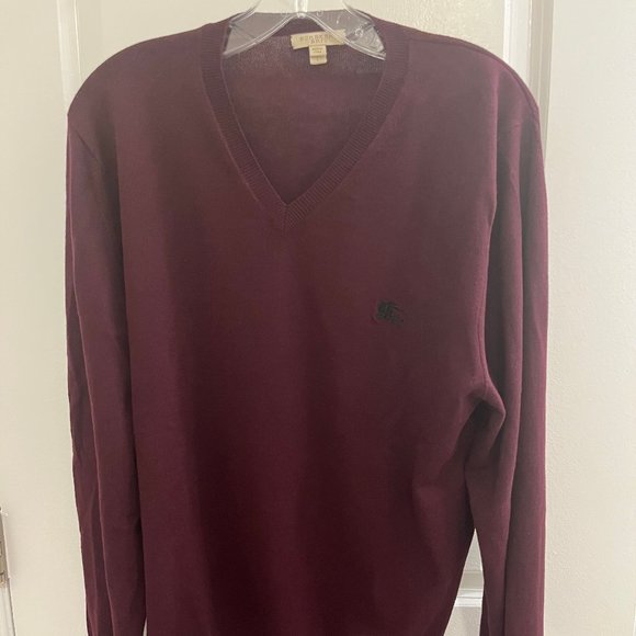 Burberry Brit Men's Maroon V Neck 100% Cotton Sweater With Burberry Logo - Picture 1 of 12